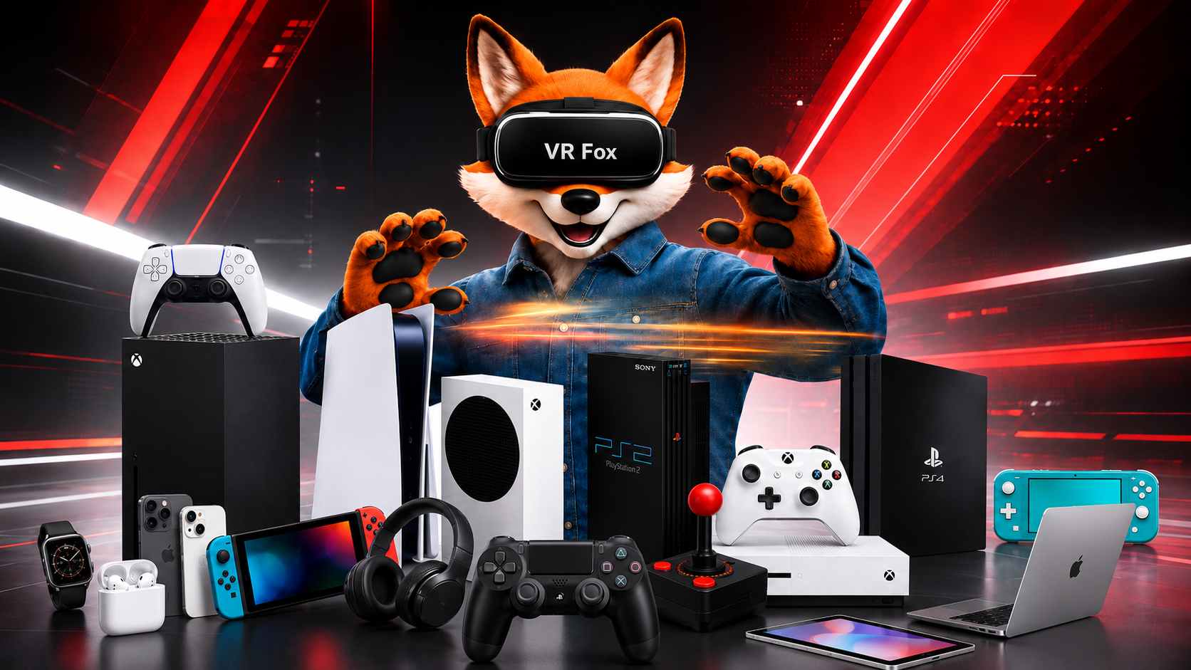 Montage Fox Mobile avec smartphones, consoles, ordinateur portable, tablette, casque audio et montre connectée.